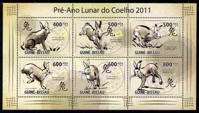 Guinea - Bissau 2010 Chinese New Year - Year of the Rabbit perf sheetlet containing 6 values unmounted mint , stamps on lunar, stamps on rabbits, stamps on lunar, stamps on lunar new year