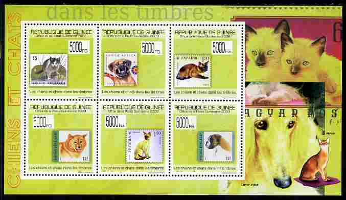 Guinea - Conakry 2009 Stamp on Stamp - Cats & Dogs perf sheetlet containing 6 values unmounted mint Michel 7051-56, stamps on stamponstamp, stamps on stamp on stamp, stamps on cats, stamps on dogs