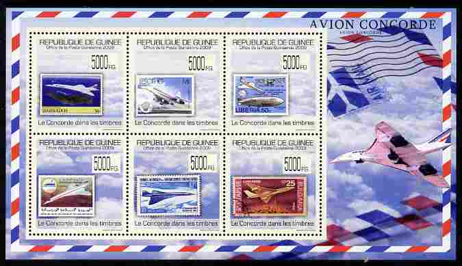 Guinea - Conakry 2009 Stamp on Stamp - Concorde perf sheetlet containing 6 values unmounted mint , stamps on stamponstamp, stamps on stamp on stamp, stamps on aviation, stamps on concorde, stamps on zeppelins