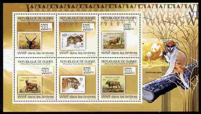 Guinea - Conakry 2009 Stamp on Stamp - WWF perf sheetlet containing 6 values unmounted mint , stamps on , stamps on  stamps on stamponstamp, stamps on  stamps on stamp on stamp, stamps on  stamps on  wwf , stamps on  stamps on animals, stamps on  stamps on tigers, stamps on  stamps on apes