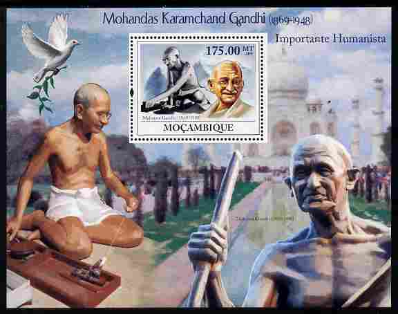 Mozambique 2009 Mahatma Gandhi perf m/sheet unmounted mint Michel BL 264, stamps on personalities, stamps on gandhi, stamps on constitutions, stamps on doves