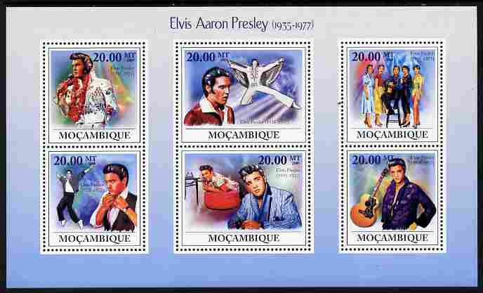 Mozambique 2009 Elvis Presley perf sheetlet containing 6 values unmounted mint Michel 3350-55, stamps on , stamps on  stamps on personalities, stamps on  stamps on elvis, stamps on  stamps on music, stamps on  stamps on films, stamps on  stamps on cinema, stamps on  stamps on movies, stamps on  stamps on pops, stamps on  stamps on rock