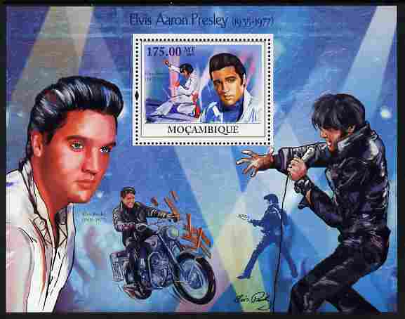 Mozambique 2009 Elvis Presley perf m/sheet unmounted mint Michel BL 272, stamps on personalities, stamps on elvis, stamps on music, stamps on films, stamps on cinema, stamps on movies, stamps on pops, stamps on rock, stamps on motorbikes