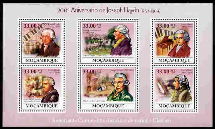 Mozambique 2009 200th Death Anniversary of Joseph Haydn perf sheetlet containing 6 values unmounted mint Michel 3392-97, stamps on , stamps on  stamps on personalities, stamps on  stamps on music, stamps on  stamps on composers