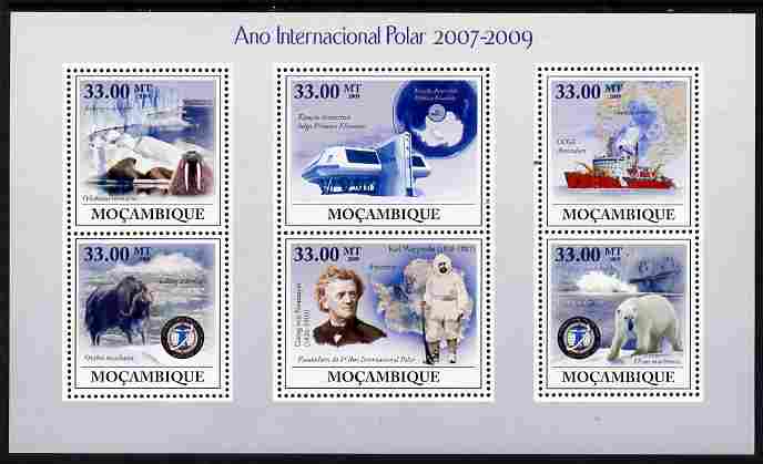 Mozambique 2009 International Polar Year perf sheetlet containing 6 values unmounted mint Michel 3462-67, stamps on , stamps on  stamps on polar, stamps on  stamps on bears, stamps on  stamps on ships, stamps on  stamps on weather, stamps on  stamps on maps, stamps on  stamps on 