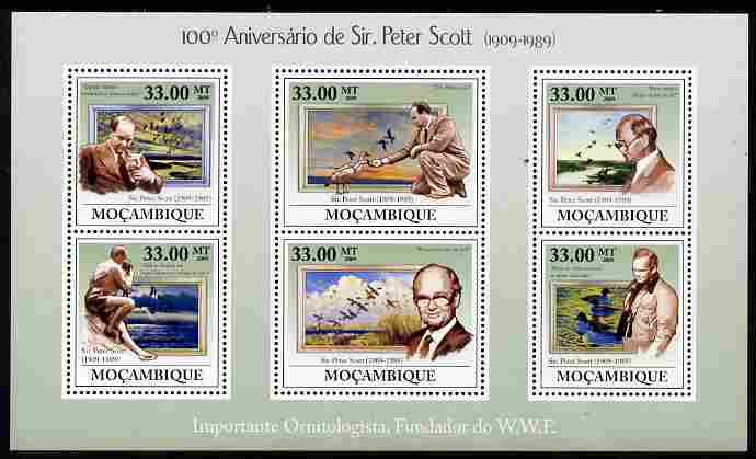 Mozambique 2009 Birth Centenary of Sir Peter Scott perf sheetlet containing 6 values unmounted mint Michel 3448-53, stamps on , stamps on  stamps on personalities, stamps on  stamps on  wwf , stamps on  stamps on birds, stamps on  stamps on arts