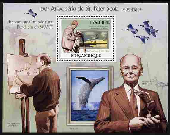 Mozambique 2009 Birth Centenary of Sir Peter Scott perf m/sheet unmounted mint Michel BL 286, stamps on , stamps on  stamps on personalities, stamps on  stamps on  wwf , stamps on  stamps on birds, stamps on  stamps on arts, stamps on  stamps on whales, stamps on  stamps on photography