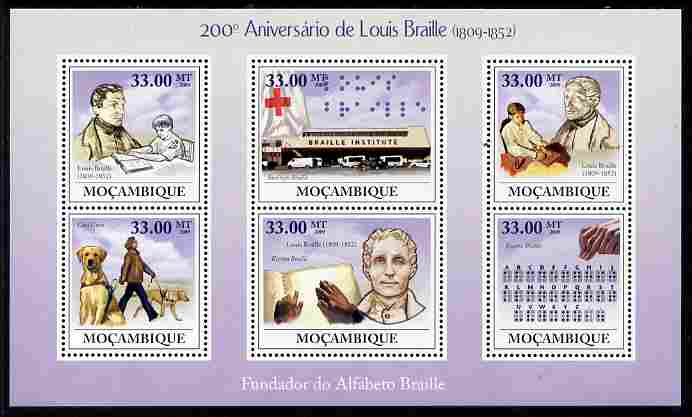 Mozambique 2009 200th Birth Anniversary of Louis Braille perf sheetlet containing 6 values unmounted mint Michel 3427-32, stamps on personalities, stamps on blind, stamps on disabled, stamps on dogs, stamps on red cross