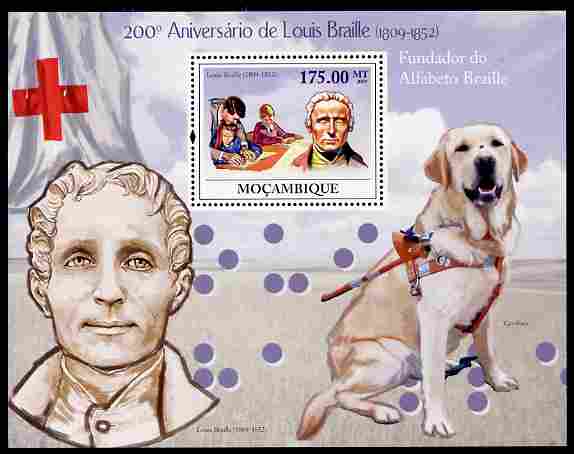 Mozambique 2009 200th Birth Anniversary of Louis Braille perf m/sheet unmounted mint Michel BL 283, stamps on personalities, stamps on blind, stamps on disabled, stamps on dogs, stamps on red cross