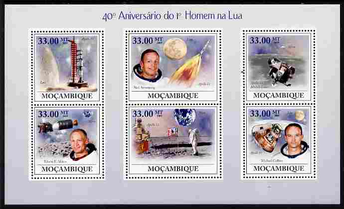 Mozambique 2009 40th Anniversary of First Man on the Moon perf sheetlet containing 6 values unmounted mint Michel 3455-60, stamps on , stamps on  stamps on personalities, stamps on  stamps on space, stamps on  stamps on moon, stamps on  stamps on apollo, stamps on  stamps on rockets