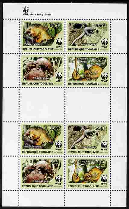 Togo 2010 WWF - Pangolins - Phataginus tricuspis perf sheetlet containing 2 x sets of 4 vaues unmounted mint, stamps on , stamps on  stamps on animals, stamps on  stamps on  wwf , stamps on  stamps on pangolins