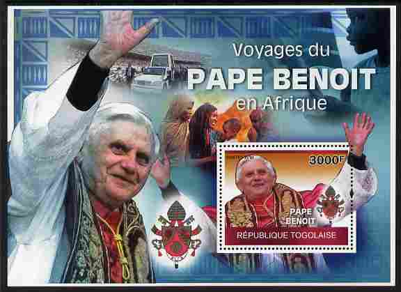 Togo 2010 Pope Benedict in Africa perf m/sheet unmounted mint Michel BL 522, stamps on , stamps on  stamps on personalities, stamps on  stamps on pope, stamps on  stamps on popes