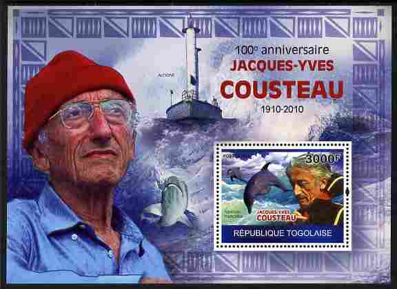 Togo 2010 Birth Centenary of Jacques Cousteau perf m/sheet unmounted mint Michel BL 516, stamps on , stamps on  stamps on personalities, stamps on  stamps on ships, stamps on  stamps on marine life, stamps on  stamps on scuba, stamps on  stamps on dolphins, stamps on  stamps on sharks