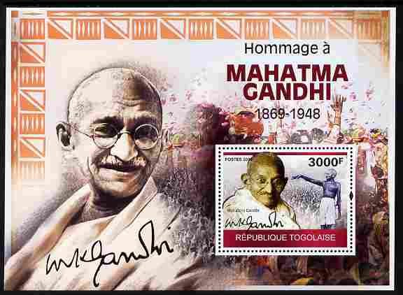 Togo 2010 Mahatma Gandhi perf m/sheet unmounted mint Michel BL 515, stamps on , stamps on  stamps on personalities, stamps on  stamps on constitutions, stamps on  stamps on gandhi, stamps on  stamps on 