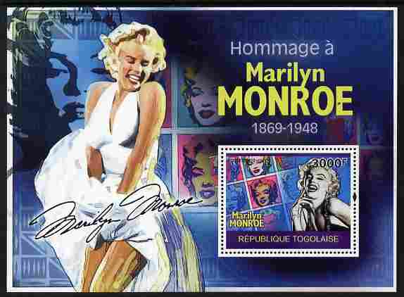 Togo 2010 Marilyn Monroe perf m/sheet unmounted mint Michel BL 517, stamps on , stamps on  stamps on personalities, stamps on  stamps on films, stamps on  stamps on cinema, stamps on  stamps on movies, stamps on  stamps on music, stamps on  stamps on marilyn, stamps on  stamps on monroe, stamps on  stamps on 