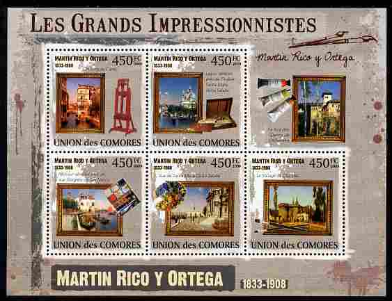 Comoro Islands 2009 Impressionists - Martin Rico Y Ortega perf sheetlet containing 5 values unmounted mint Michel 2555-59, stamps on personalities, stamps on arts, stamps on impressionists, stamps on ortega