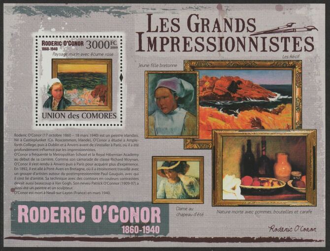 Comoro Islands 2009 Impressionists - Roderick OConor perf m/sheet unmounted mint Michel BL 540, stamps on personalities, stamps on arts, stamps on impressionists, stamps on o
