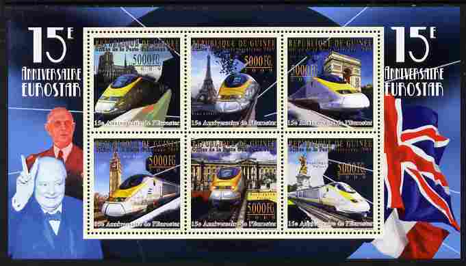 Guinea - Conakry 2009 15th Anniversary of Eurostar perf sheetlet containing 6 values unmounted mint Michel 7156-61, stamps on railways, stamps on personalities, stamps on churchill, stamps on constitutions, stamps on  ww2 , stamps on masonry, stamps on masonics, stamps on , stamps on de gaulle, stamps on flags