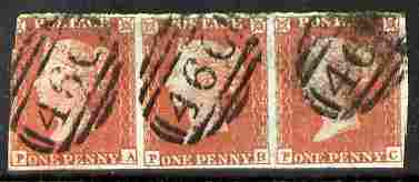 Great Britain 1841 QV 1d red-brown on very blued paper horiz strip of 3 PA-PC cut into at left good used SG8a cat Â£75, stamps on 