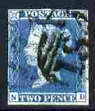 Great Britain 1841 QV 2d blue N-D 4 margins good used SG14 cat A375, stamps on , stamps on  stamps on great britain 1841 qv 2d blue n-d 4 margins good used sg14 cat \a375