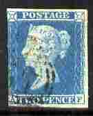 Great Britain 1841 QV 2d blue A-F 3 margins good used SG14 cat \A375, stamps on 