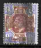 Great Britain 1902-13 KE7 9d purple & blue smudgy cancel cat 0, stamps on 