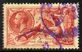 Great Britain 1934 Re-engraved Seahorse 5s well centred with violet cancels SG451 cat A385, stamps on , stamps on  stamps on great britain 1934 re-engraved seahorse 5s well centred with violet cancels sg451 cat \a385