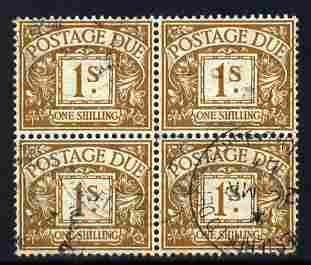 Great Britain 1951-52 Postage Due 1s ochre block of 4 lightly cancelled SG D39 cat A321, stamps on , stamps on  stamps on great britain 1951-52 postage due 1s ochre block of 4 lightly cancelled sg d39 cat \a321