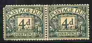 Great Britain 1924-31 Postage Due 4d grey-green horiz pair overprinted SPECIMEN, without gum and one with missing corner, stamps on , stamps on  stamps on great britain 1924-31 postage due 4d grey-green horiz pair overprinted specimen, stamps on  stamps on  without gum and one with missing corner