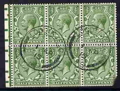 Great Britain 1912-24 KG5 1/2d booklet pane of 6 with 1915 cds cancel, lower right corner damaged, stamps on 