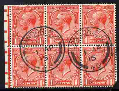 Great Britain 1912-24 KG5 1d booklet pane of 6 with 1915 cds cancel, lower right corner damaged, stamps on 