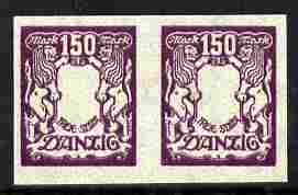 Danzig 1922 Coat of Arms 150m imperf horiz proof pair with red omitted unmounted mint minor wrinkles as SG 101, stamps on , stamps on  stamps on arms, stamps on  stamps on heraldry