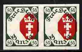 Danzig 1921 Coat of Arms 50m imperf horiz proof pair with red misplaced unmounted mint minor wrinkles as SG 71, stamps on arms, stamps on heraldry