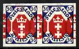 Danzig 1921 Coat of Arms 30m imperf horiz proof pair with red printing doubled unmounted mint minor wrinkles as SG 69, stamps on , stamps on  stamps on arms, stamps on  stamps on heraldry