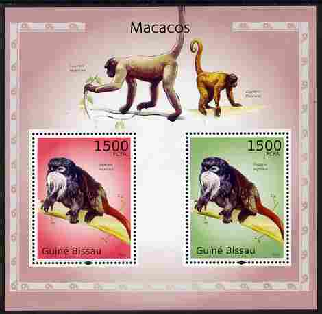 Guinea - Bissau 2010 Macaques perf s/sheet containing 2 values unmounted mint , stamps on , stamps on  stamps on animals, stamps on  stamps on apes, stamps on  stamps on macaques