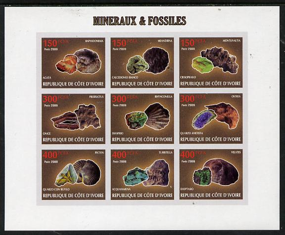 Ivory Coast 2009 Minerals & Fossils imperf sheetlet containing 9 values unmounted mint, stamps on minerals, stamps on fossils