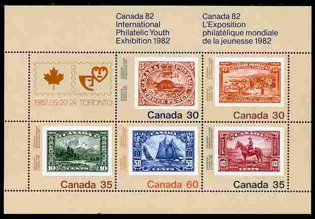 Canada 1982 'Canada 82' International Philatelic Youth Exhibition perf m/sheet containing set of 5 unmounted mint, SG MS 1042, stamps on stamp exhibitions, stamps on stamp on stamp, stamps on ships, stamps on horses, stamps on police, stamps on animals, stamps on beaver, stamps on stamponstamp