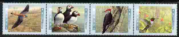 Canada 1996 Birds - 1st series se-tenant strip of 4 unmounted mint, SG 1673a, stamps on , stamps on  stamps on birds, stamps on  stamps on puffins, stamps on  stamps on birds of prey, stamps on  stamps on woodpeckers