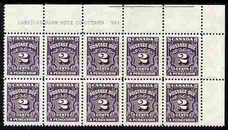 Canada 1935-65 Postage Due 2c corner imprint block of 10 unmounted mint, SG D19, stamps on 