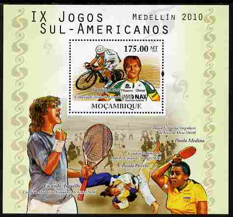 Mozambique 2010 South American Games perf s/sheet unmounted mint , stamps on , stamps on  stamps on sport, stamps on  stamps on bicycles, stamps on  stamps on tennis, stamps on  stamps on table tennis, stamps on  stamps on judo, stamps on  stamps on , stamps on  stamps on martial arts