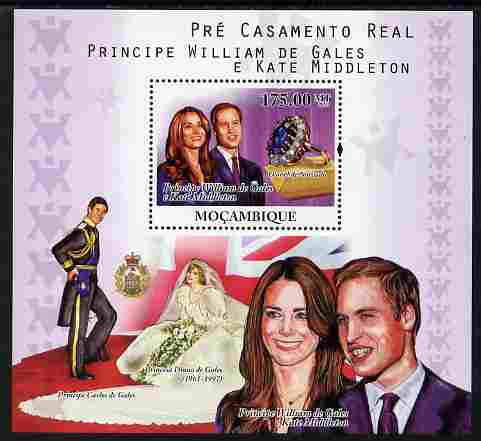 Mozambique 2010 Royal Engagement - William & Kate perf s/sheet unmounted mint , stamps on royalty, stamps on william, stamps on diana, stamps on charles, stamps on kate