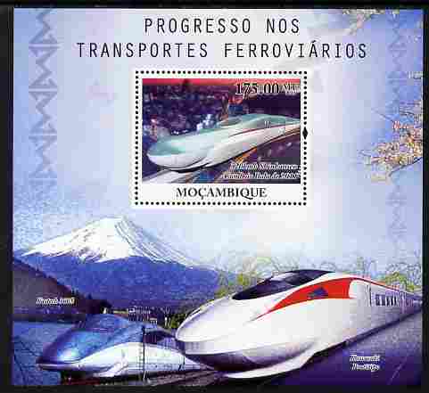 Mozambique 2010 Japanese High Speed Trains perf s/sheet unmounted mint , stamps on railways, stamps on mountains