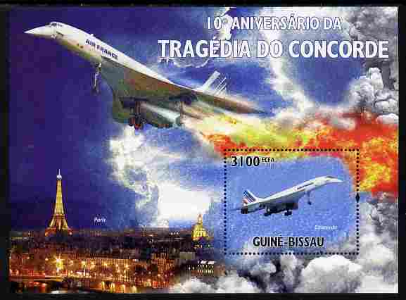 Guinea - Bissau 2010 Tenth Anniversary of Concorde Disaster perf s/sheet unmounted mint , stamps on aviation, stamps on concorde, stamps on disasters, stamps on eiffel tower, stamps on fire