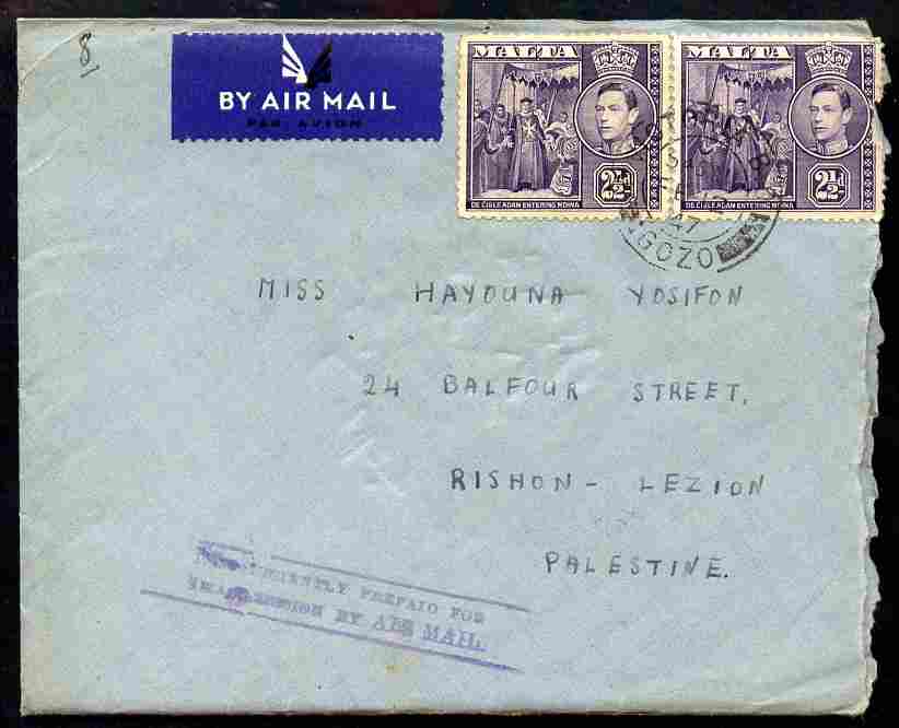 Malta 1947 Airmail cover with contents roughly opened bearing 2 x 2.5d stamps (one damaged) with Insufficiently prepaid for transmission by Air Mail in violet, stamps on , stamps on  stamps on malta 1947 airmail cover with contents roughly opened bearing 2 x 2.5d stamps (one damaged) with insufficiently prepaid for transmission by air mail in violet
