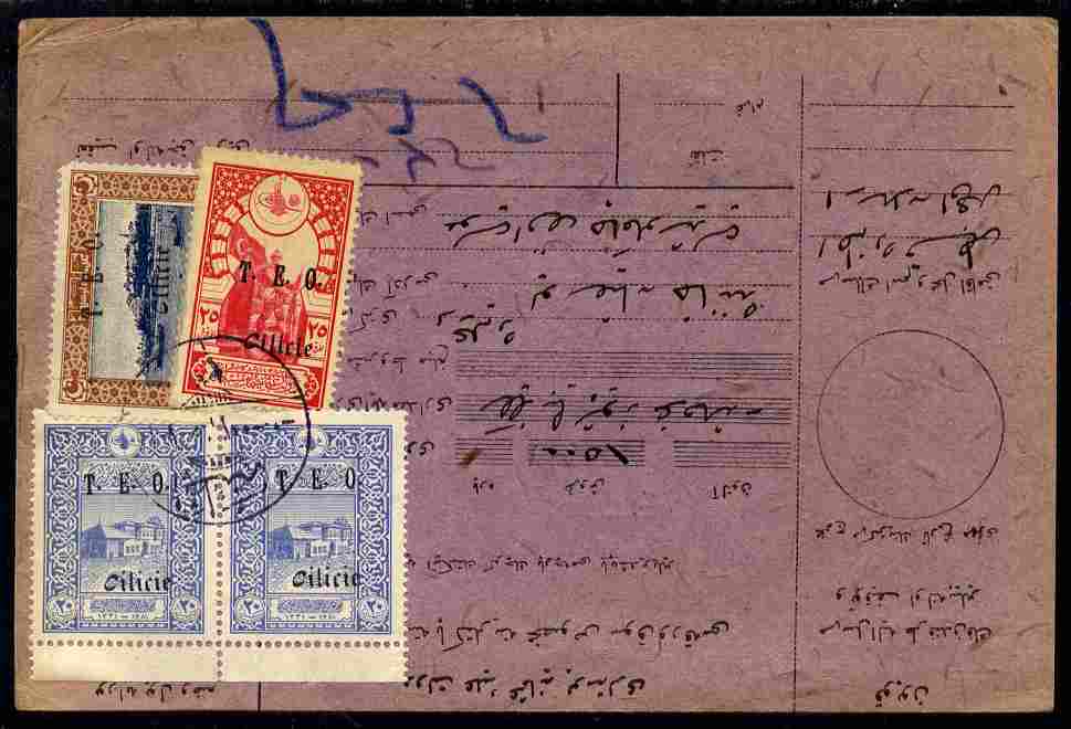 Cilecia 1919 postal card bearing various TEO overprints, stamps on 