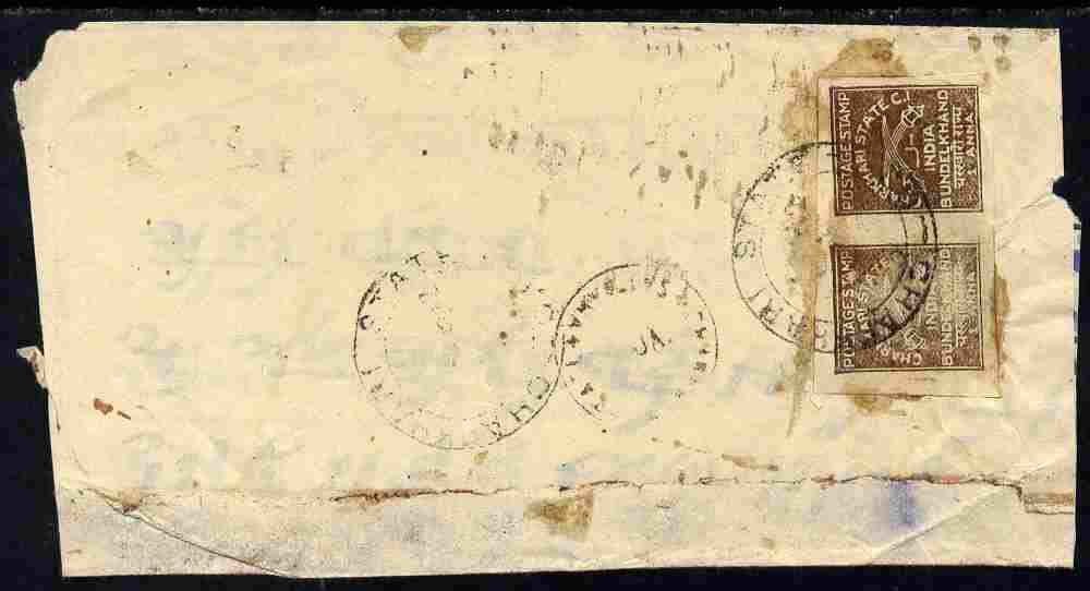 Indian States - Charkhari 1930s local cover bearing 2 x 1a chocolate well tied, SG 40, stamps on 