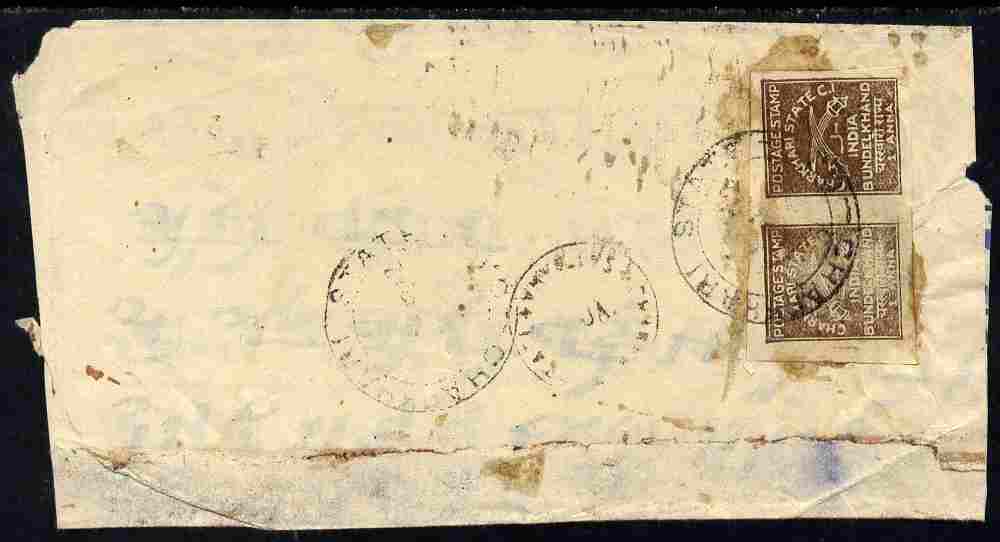 Indian States - Charkhari 1930's local cover bearing 2 x 1a chocolate well tied, SG 40, stamps on , stamps on  stamps on indian states - charkhari 1930's local cover bearing 2 x 1a chocolate well tied, stamps on  stamps on  sg 40