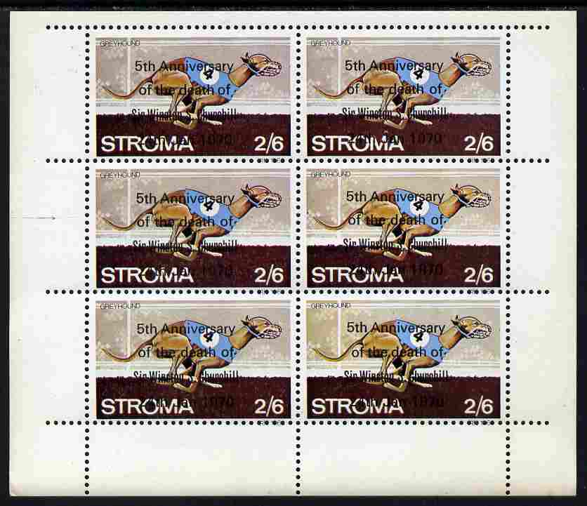 Stroma 1970 Dogs 2s6d (greyhound) opt'd '5th Anniversary of Death of Sir Winston Churchill' complete perf sheetlet of 6 values unmounted mint, stamps on dogs, stamps on churchill