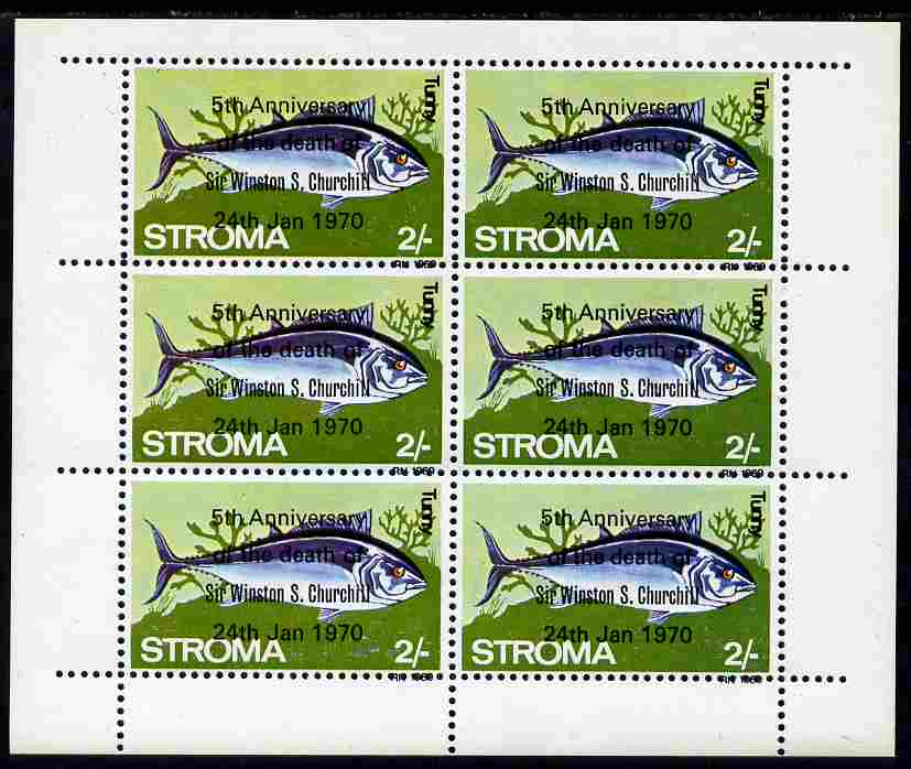 Stroma 1970 Fish 2s (Tunny) optd 5th Anniversary of Death of Sir Winston Churchill complete perf sheetlet of 6 values with superb overprint set-off on gummed side unmount..., stamps on dogs, stamps on churchill