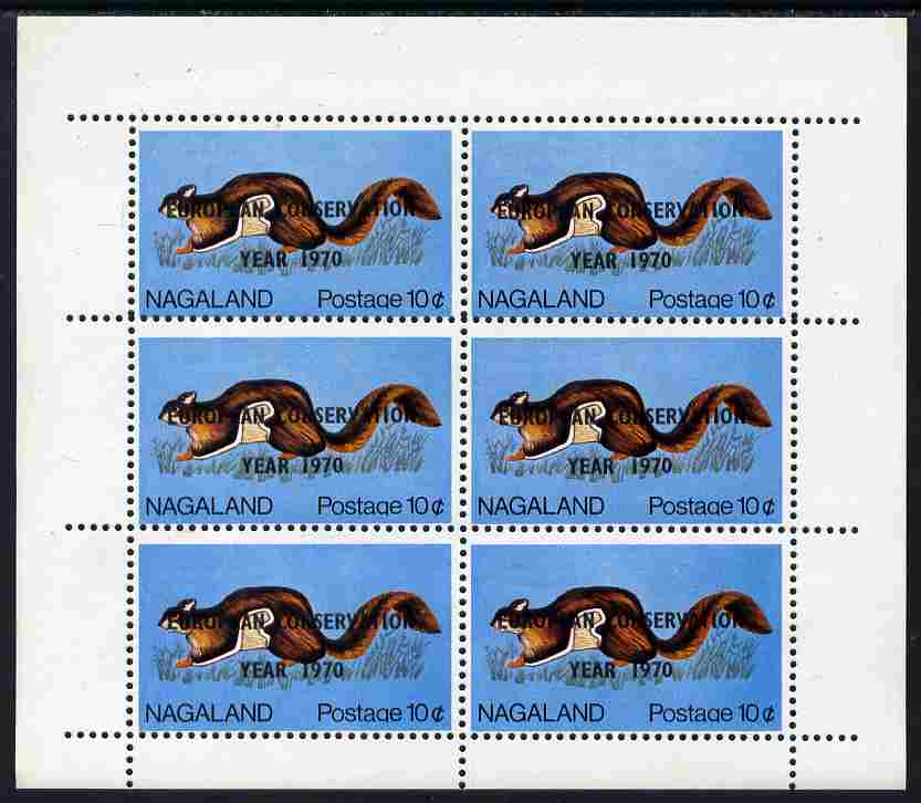 Nagaland 1970 Flying Squirrel 10c overprinted European Conservation Year 1970, complete perf sheetlet of 6 values (from Wildlife definitive set) unmounted mint, stamps on animals, stamps on squirrels